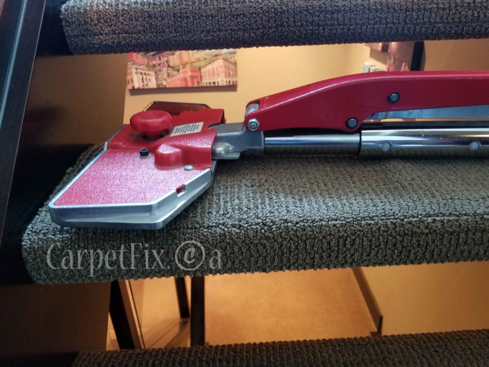 Carpet stretching on stairs with different tools