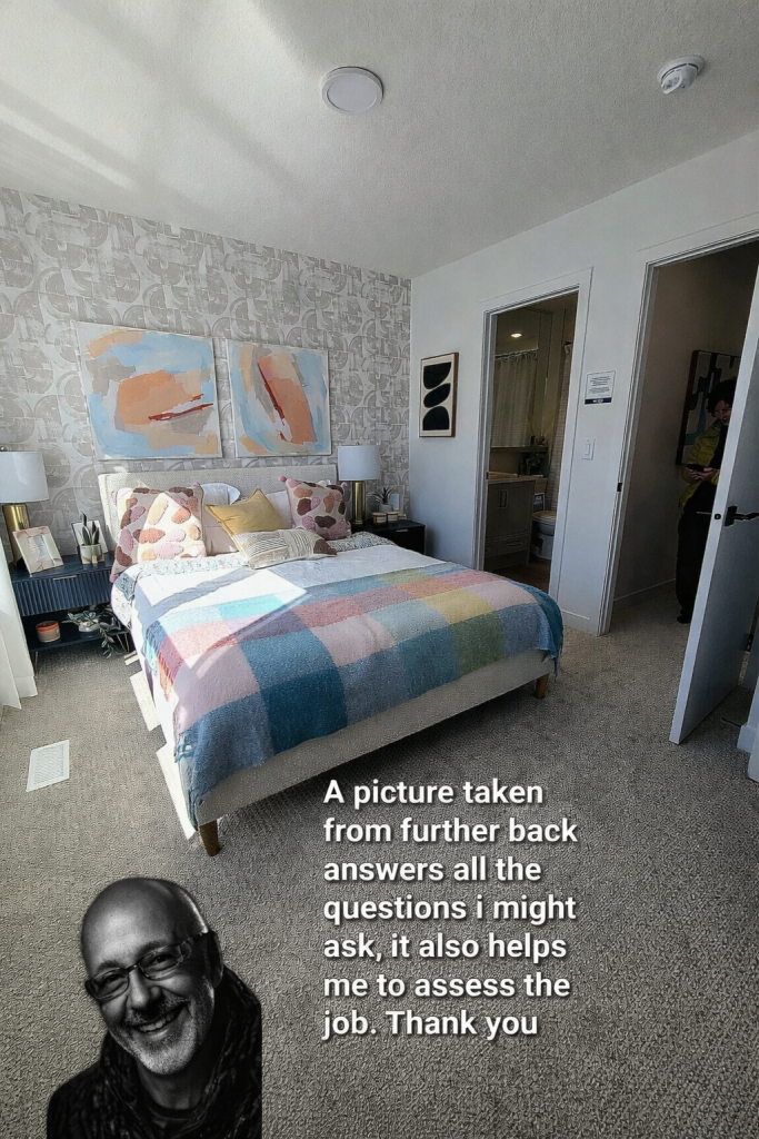 bedroom image with a person a picture taken from further back gives all the details about the room and the job