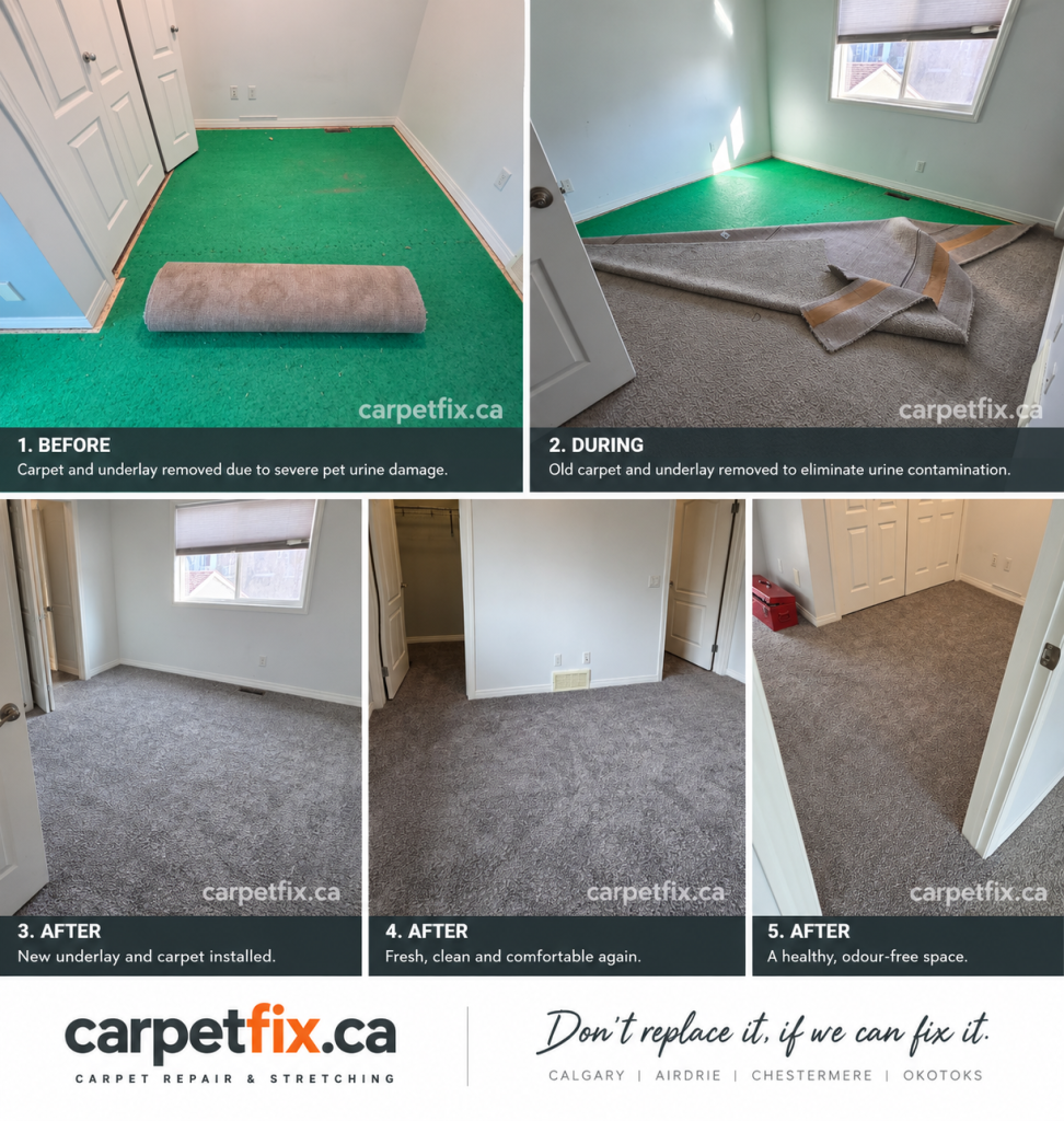 Severe pet urine damaged this Calgary carpet and underlay beyond a localized repair.