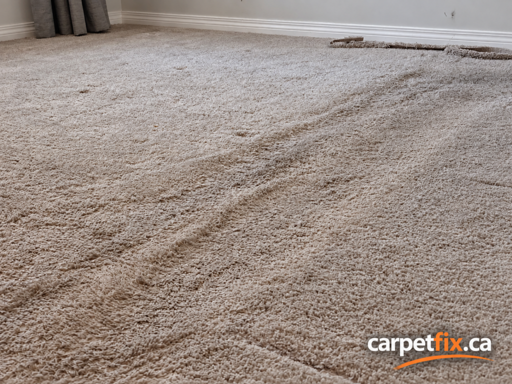 Professional carpet stretching repair in progress in Calgary home Professional carpet stretching repair in progress in Calgary home