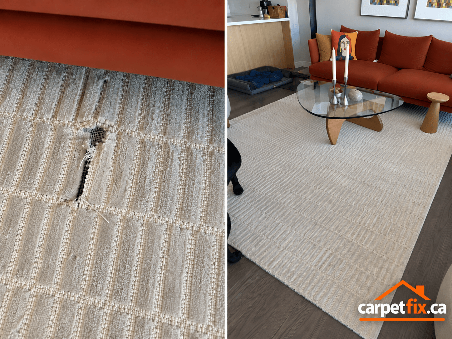 Dog chewed area rug with damaged carpet fibres in Calgary