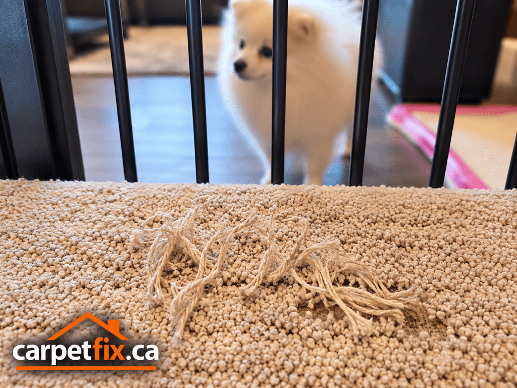 Pet damaged carpet before professional carpet repair in Calgary