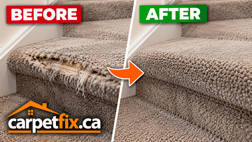 Damaged carpet stair repaired by CarpetFix in Calgary