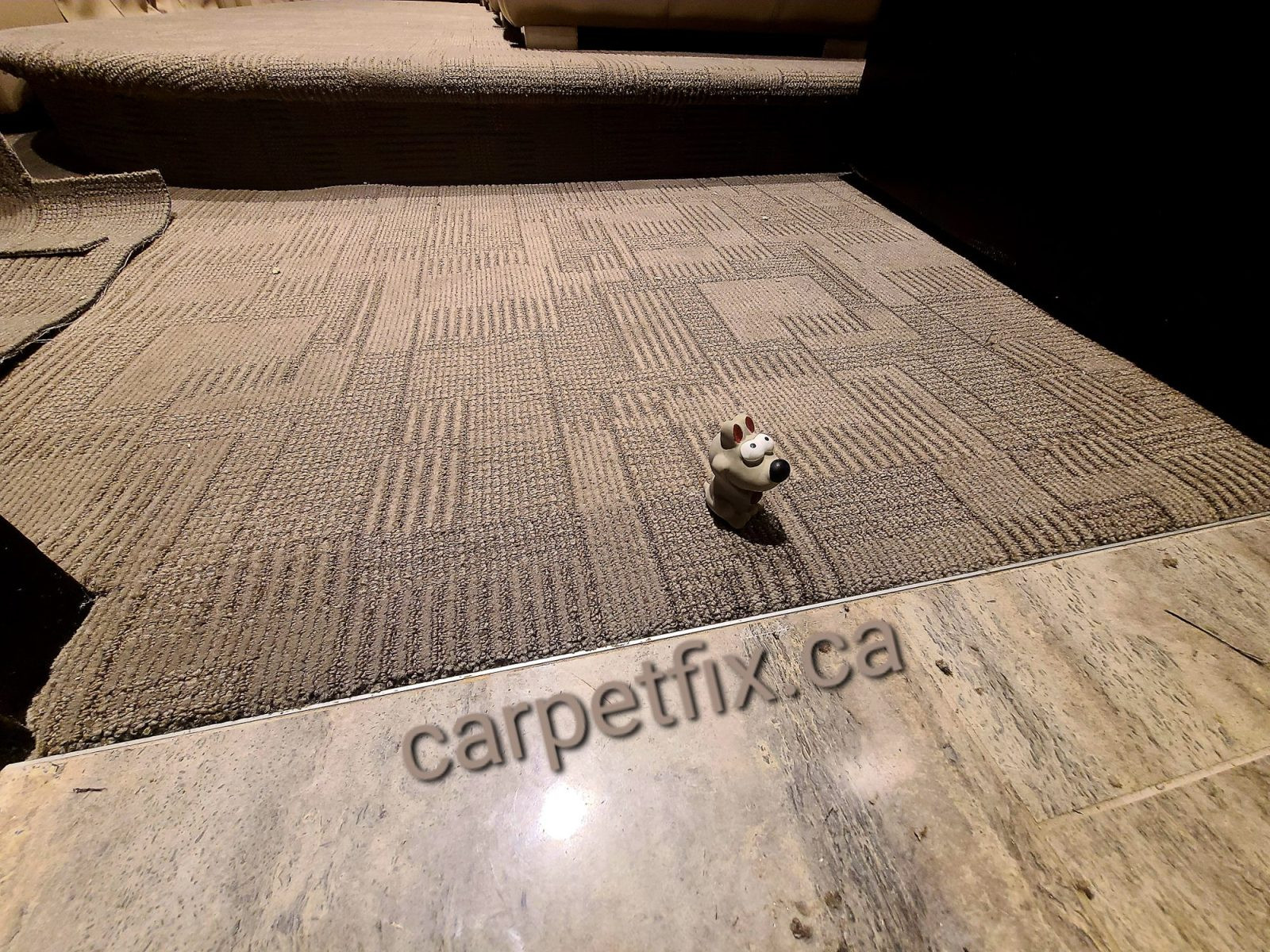 Finished carpet repair at home theater entrance after dog damage