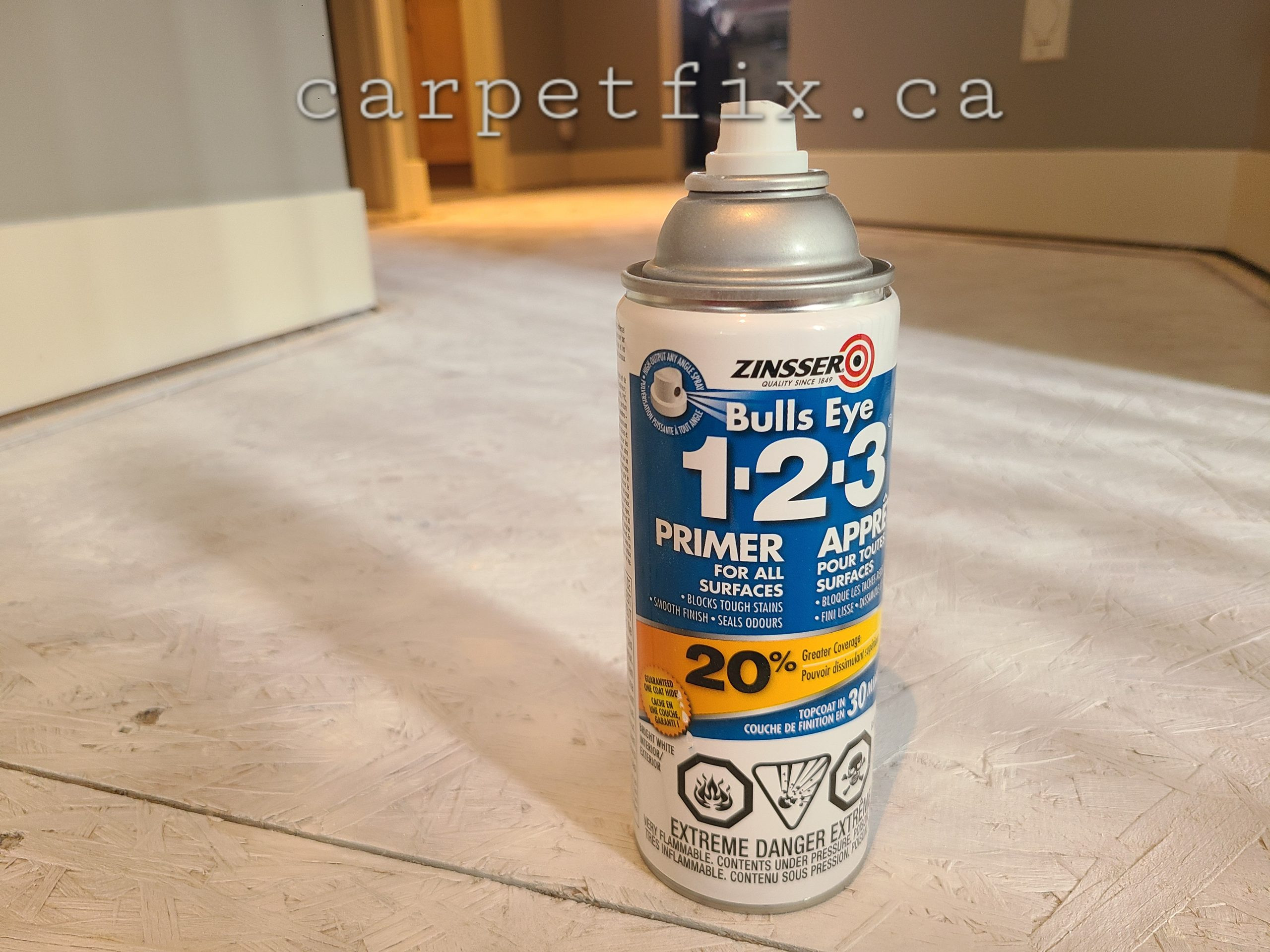 Heavily urinated carpet and underlay replacement in Tuscany, this shows the bare subfloor treated with a blocking agent after the carpet and underlay removed